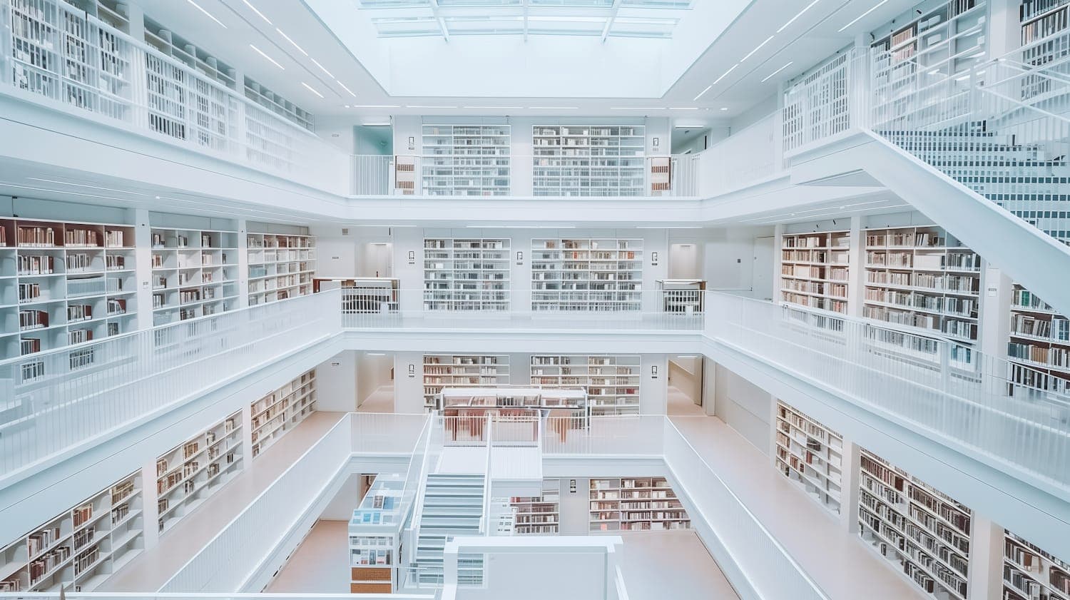 The restored reading hall, with new upper galleries, white bookshelves, stairs and daylight from the reopened rooflight