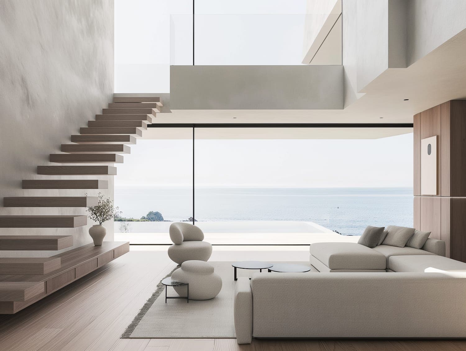 The living room, with a pale timber stair, a white sofa and a full-height glazed wall looking out to the water