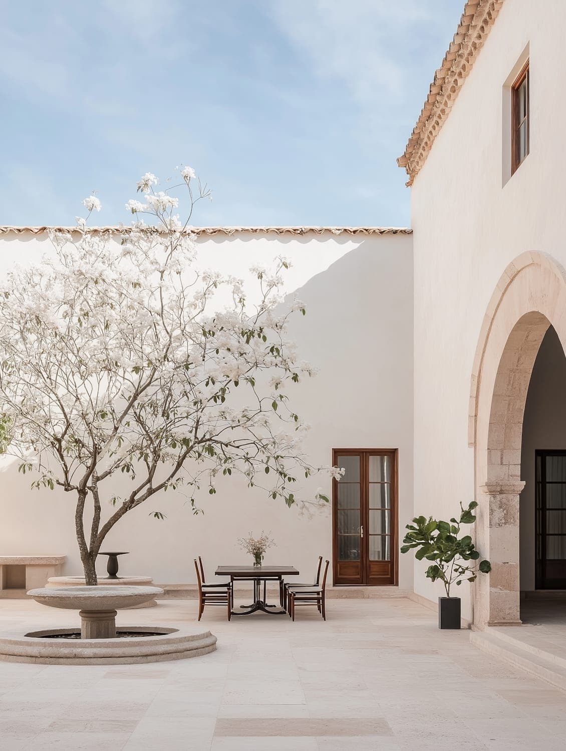 The sheltered courtyard, with a flowering tree, a stone water bowl and a table set in the shade
