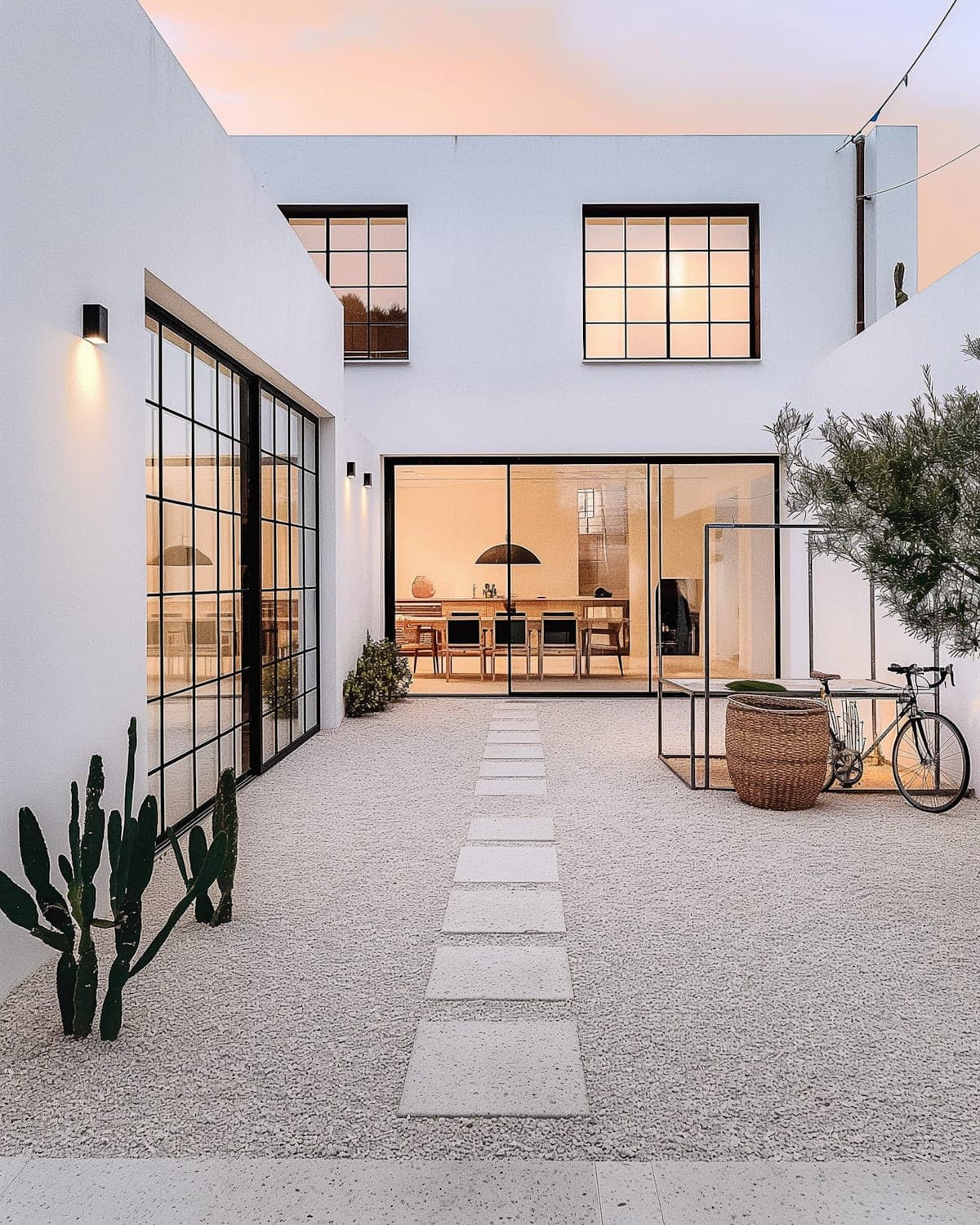 The shared courtyard at dusk: white rendered walls, black-framed windows, gravel underfoot and warm light from a ground-floor room