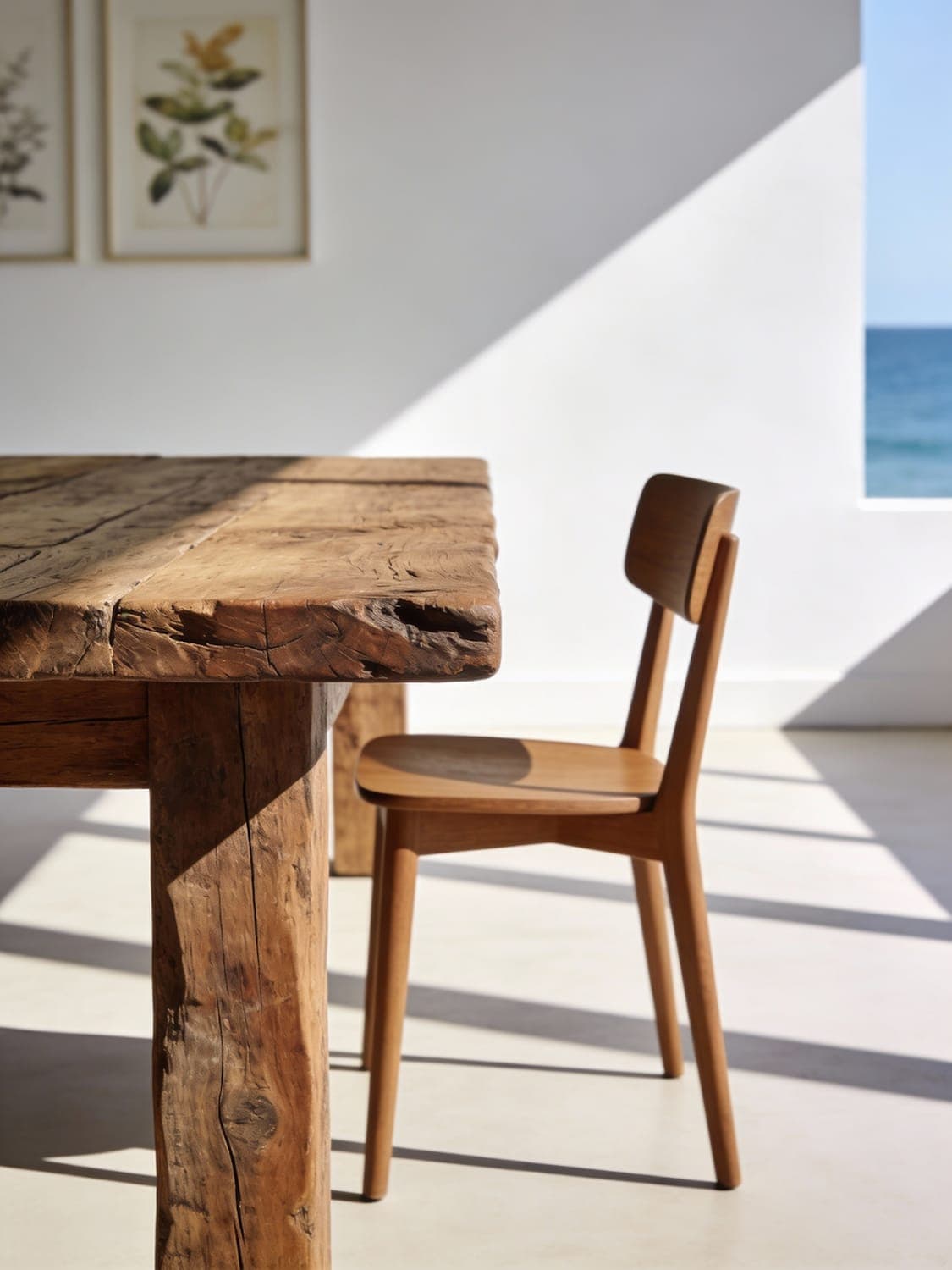 A corner table in the morning, timber chair and table with the sea framed by a tall window