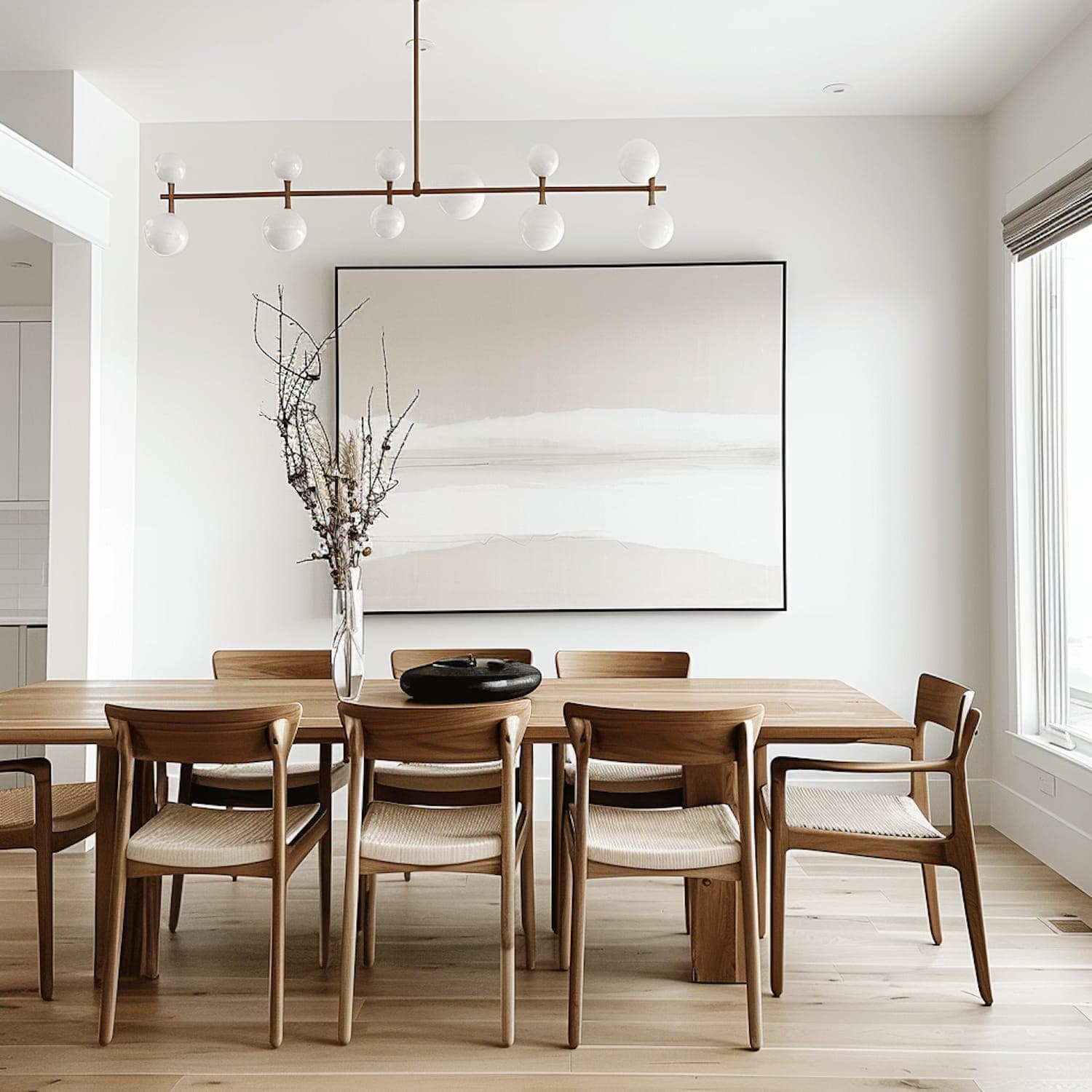 The main dining room in oak and lime plaster, with daylight from both sides