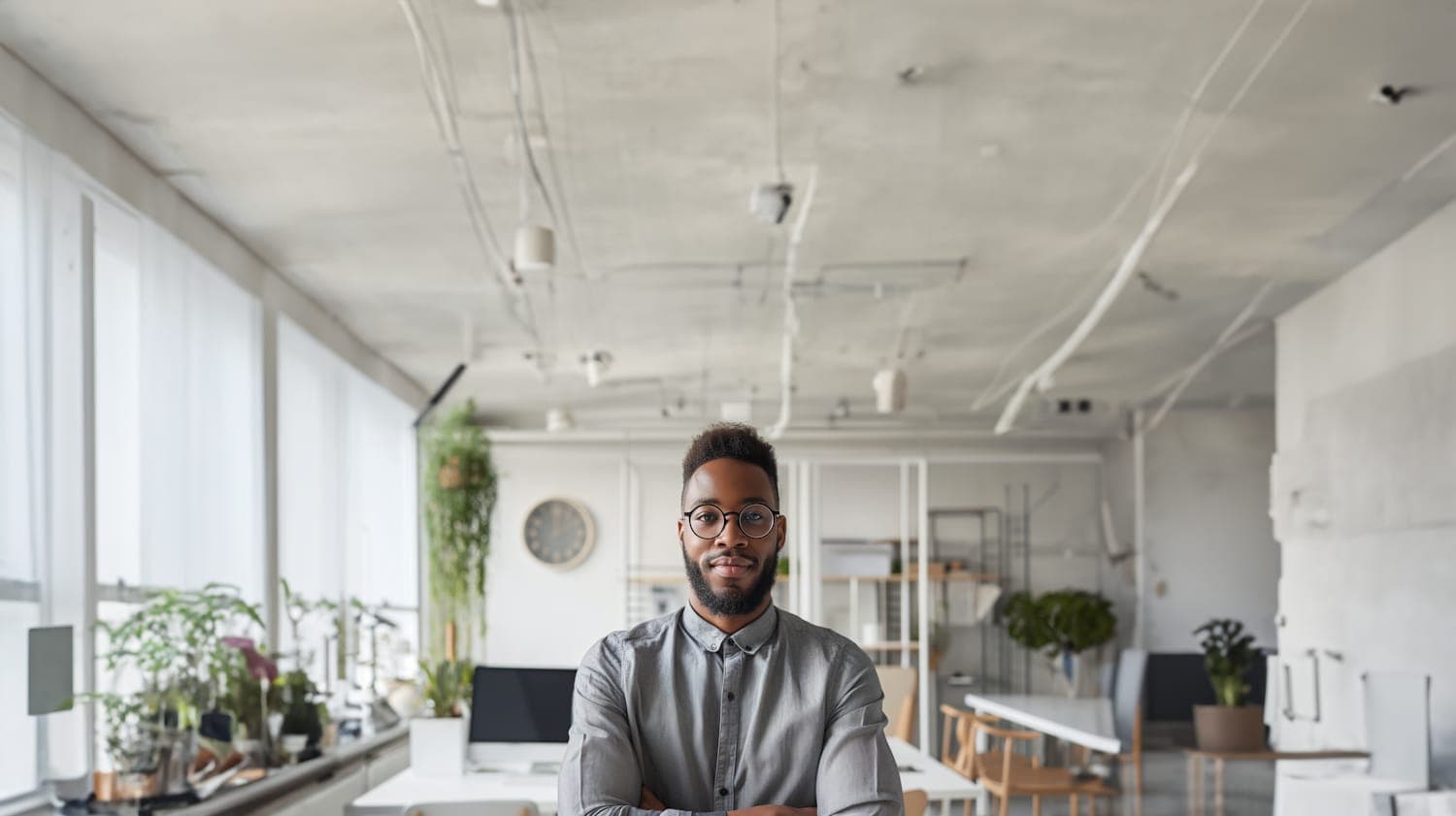 Samuel Adeyemi, technical director, standing with arms crossed in the studio