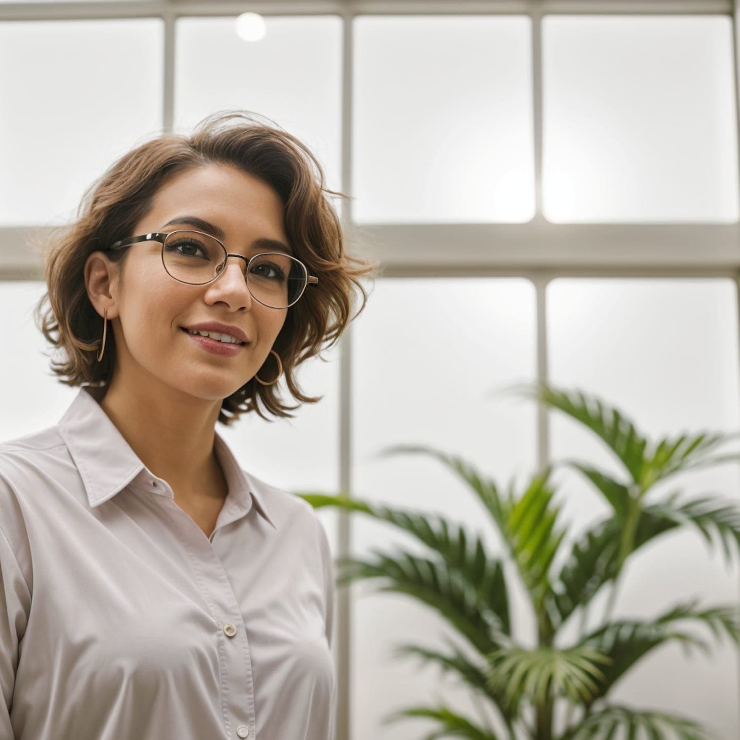 Ilona Bakker, founding director, standing by a studio window in a light shirt and glasses