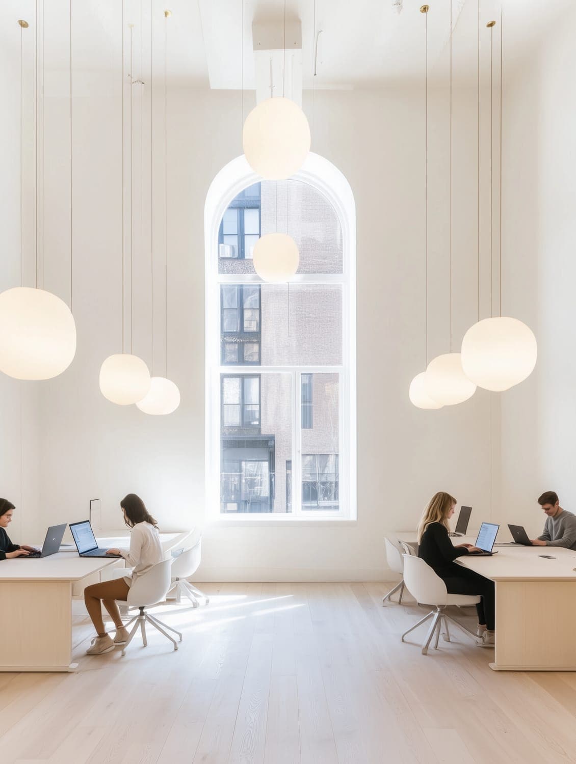 An upper workspace floor with long shared tables, pendant lights and people working at laptops beside tall windows