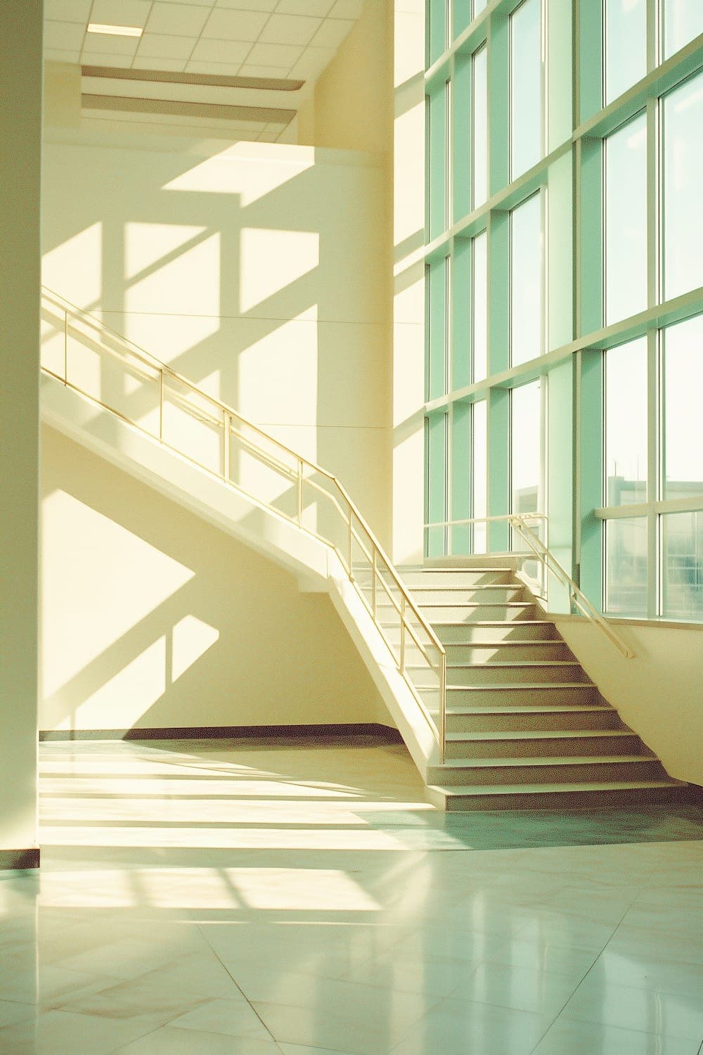 The top-lit stair, where afternoon sun draws sharp geometric patterns across cream plaster and a polished floor