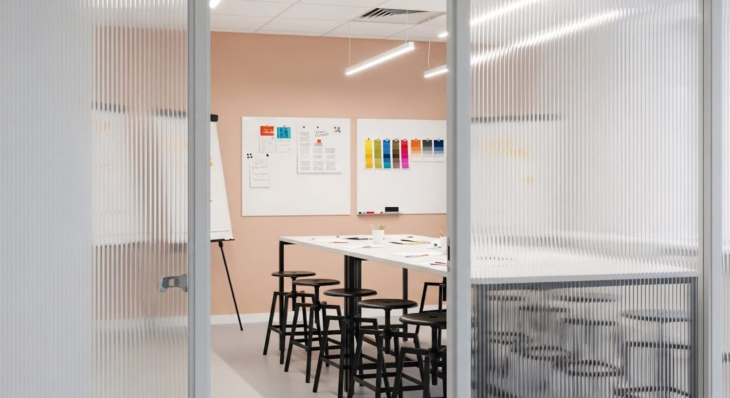 A meeting room behind fritted glass, with a long table, black stools and pinned-up work on the wall