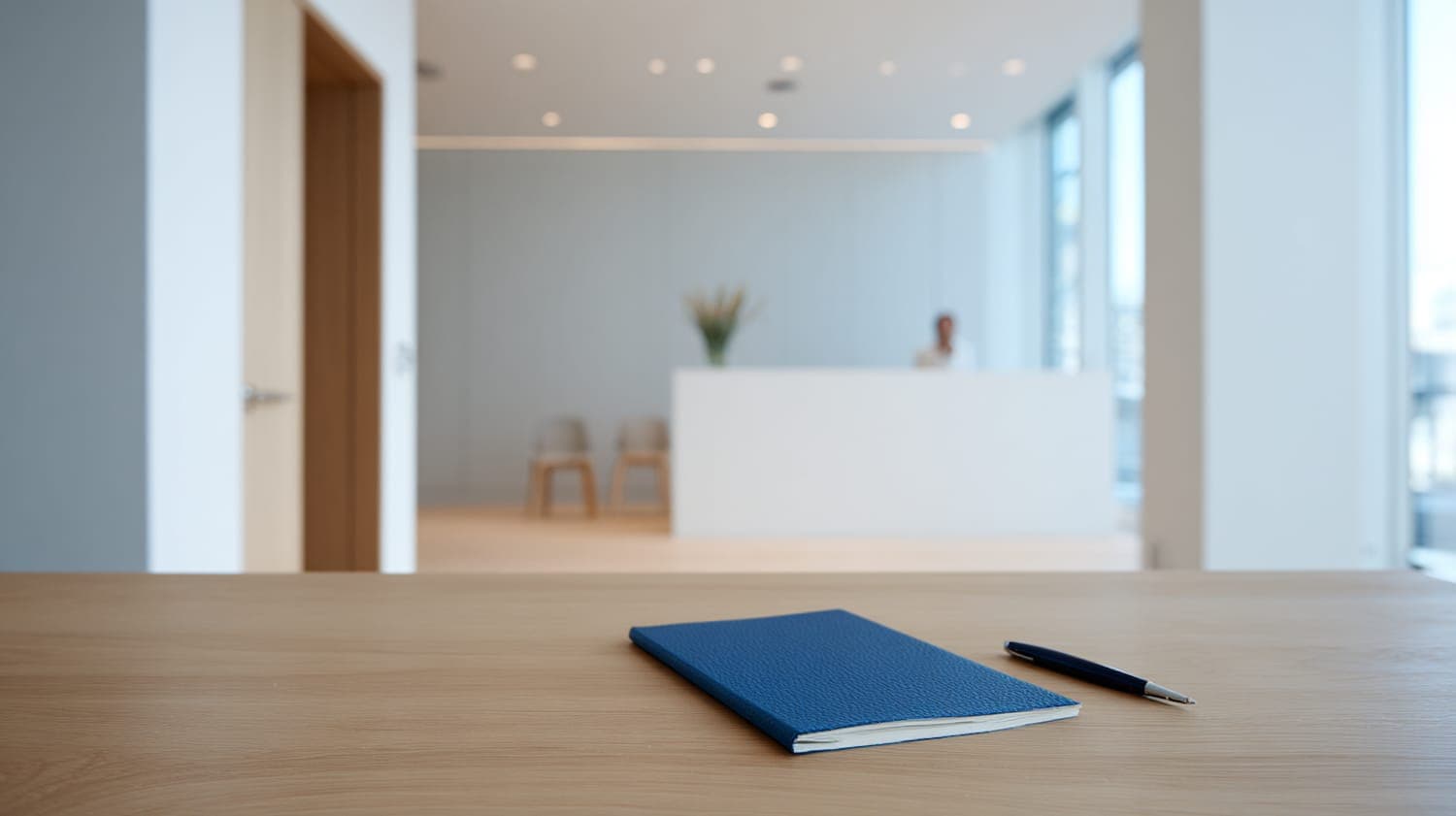 The oak reception desk at the entrance, with a notebook and pen on its surface