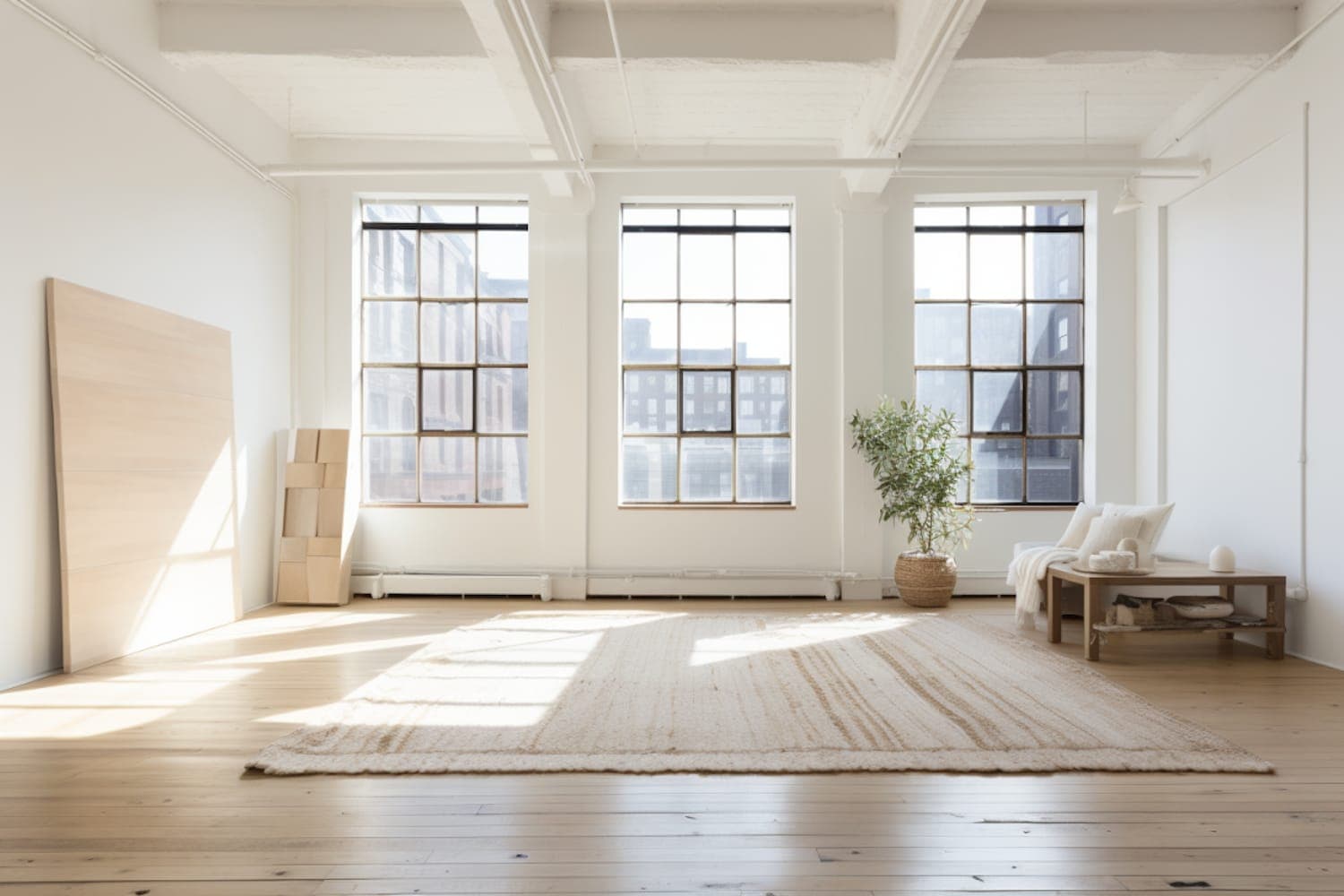A finished studio with sanded timber floors, a bench, a potted plant and tall windows