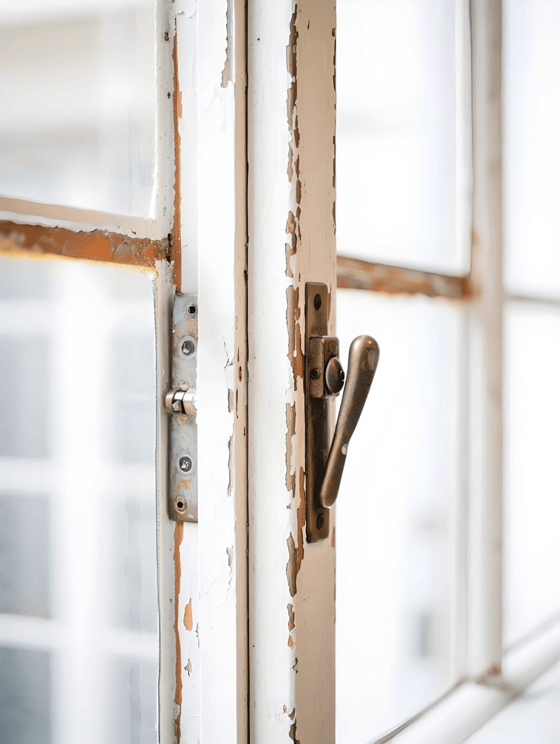 An original window frame repaired in place, its paint weathered and its brass handle cleaned and kept