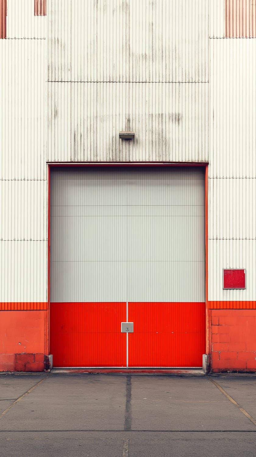 The loading door on the yard elevation, repainted red against corrugated metal