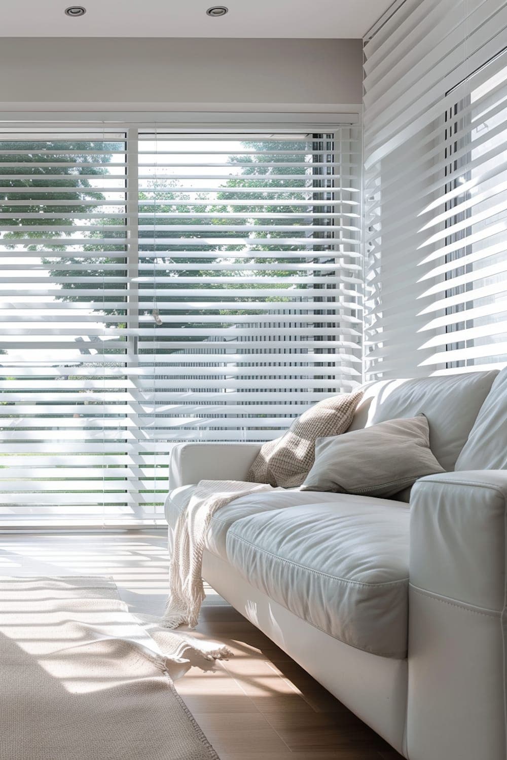 A living room in one of the two-bedroom homes, with white blinds, a leather sofa and low afternoon sunlight