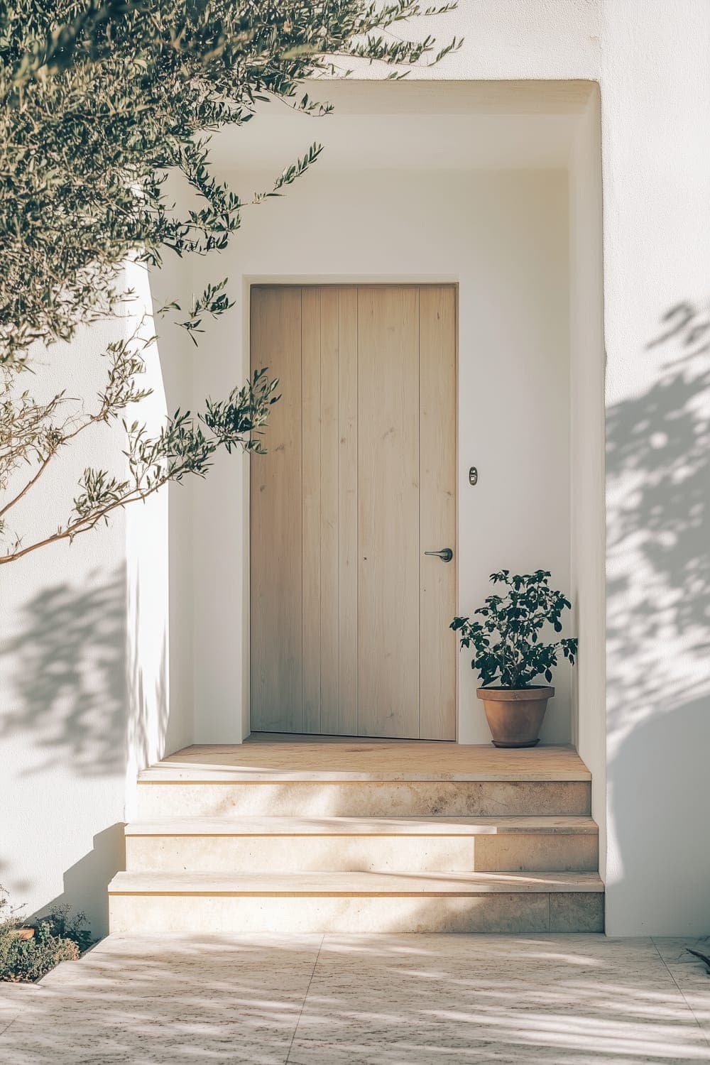 A recessed front porch with a pale timber door, beige stone steps and a potted plant in tree shadow