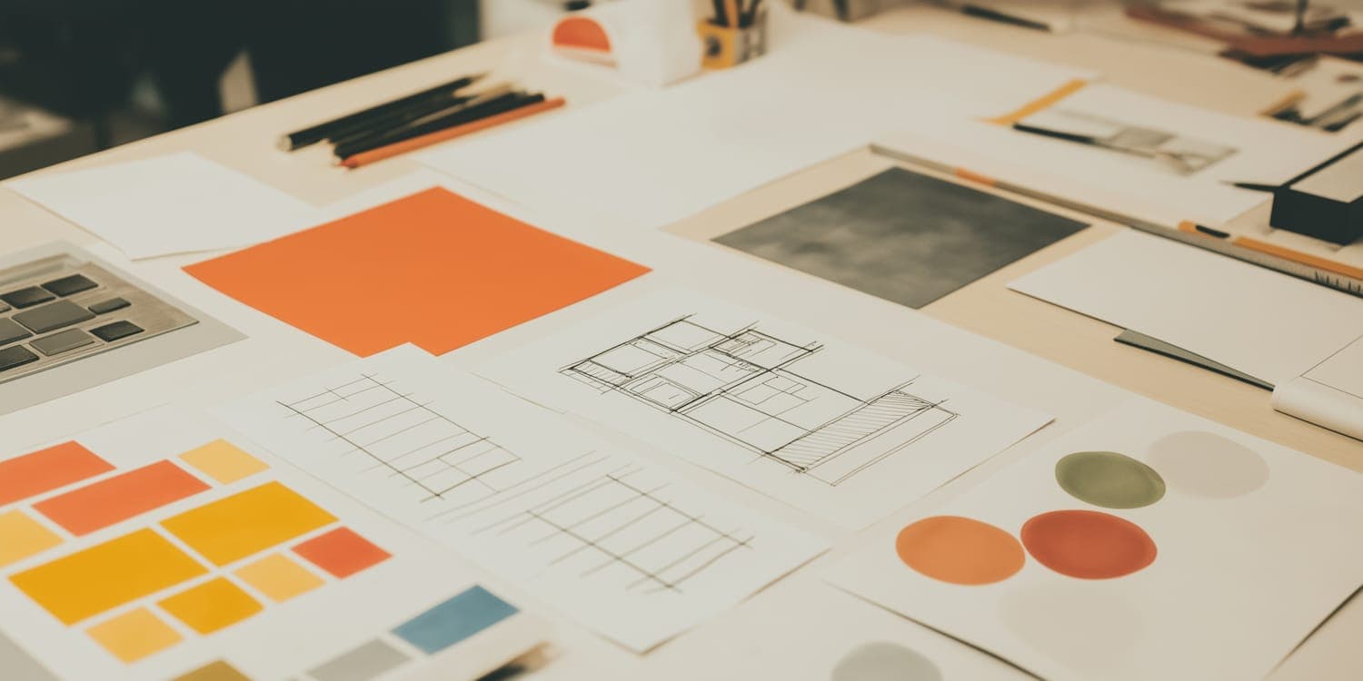 Architectural sketches and colour swatches spread across a studio desk